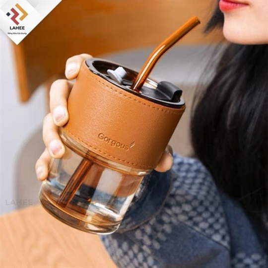 Cốc thuỷ tinh bao da nâu 450ml