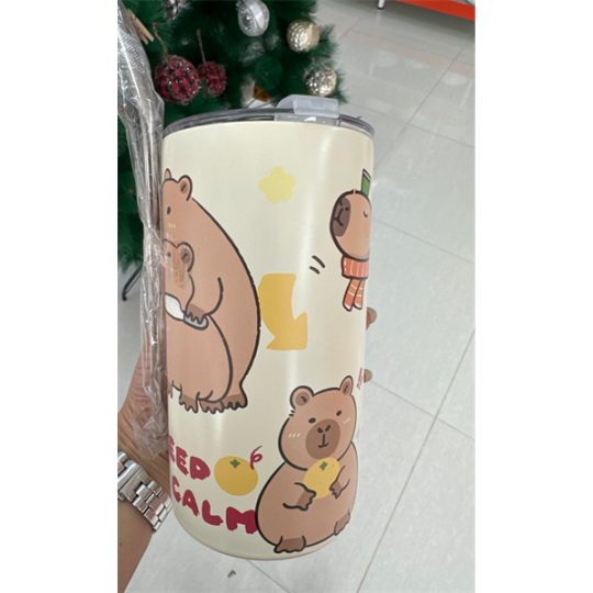 Ly giữ nhiệt lùn nền trắng, vàng capybara kèm ống hút 600ml