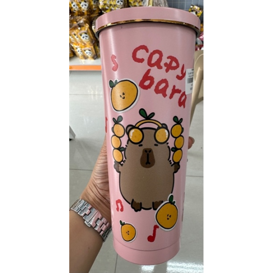 Ly giữ nhiệt viền vàng kèm ống hút 750ml mẫu capy